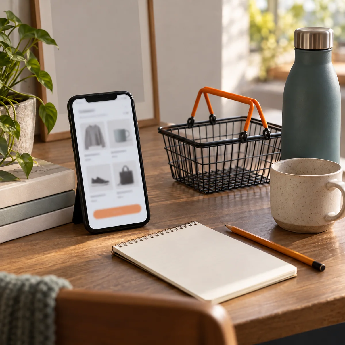 Illustrative unfinished-shopping scene with a phone, a small empty basket and unbranded goods on a desk.