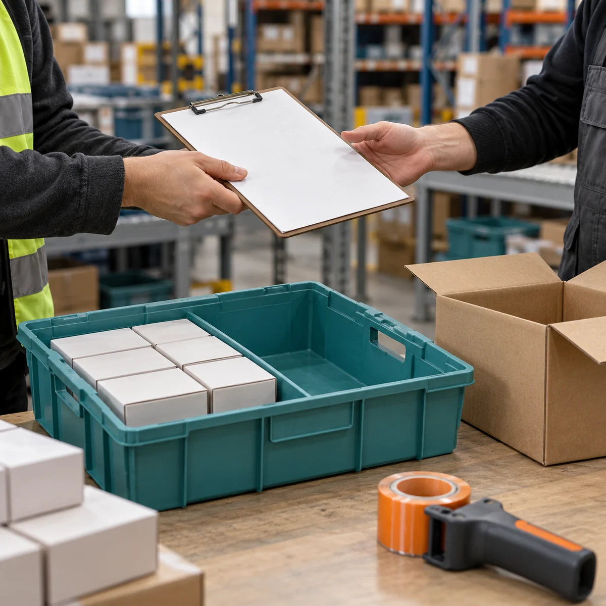 Fictional warehouse handover with an order tote, an open carton and two workers checking a blank clipboard.