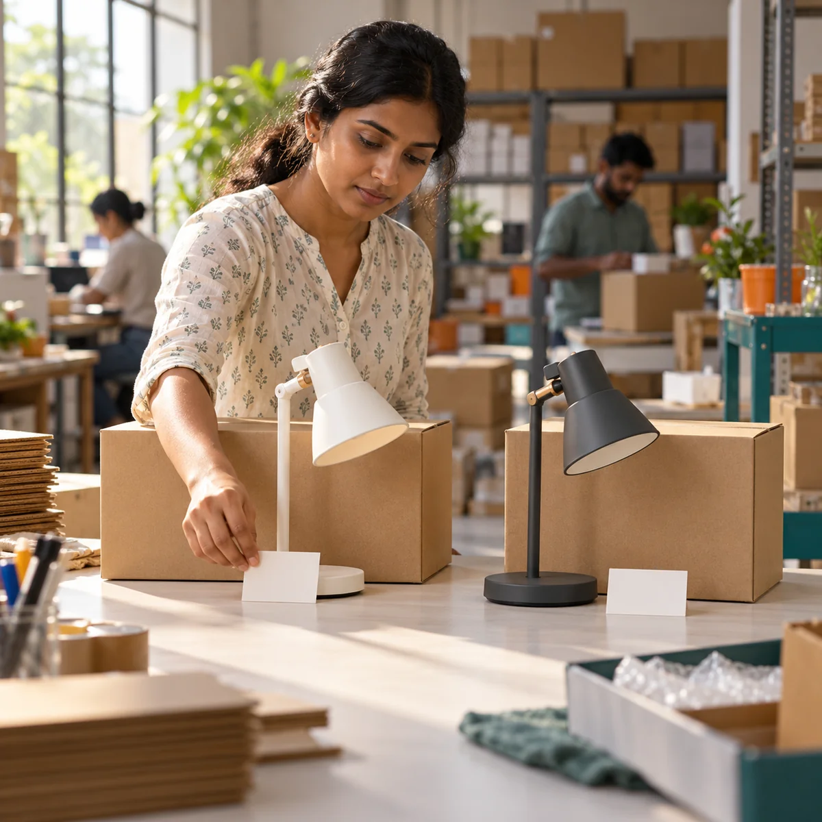 Fictional editorial scene of white and charcoal desk lamps kept beside their own plain cartons on a catalogue-preparation bench.